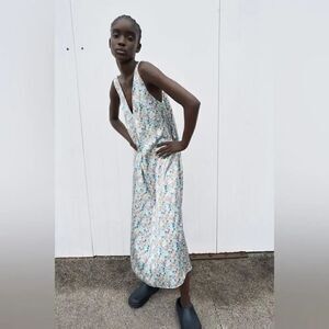 ZARA SATIN V-NECK STRAPPY FLORAL PRINTED FLOWY DRESS